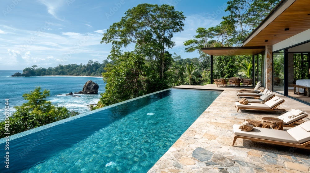Fototapeta premium Infinity pool overlooking tropical ocean in luxury resort