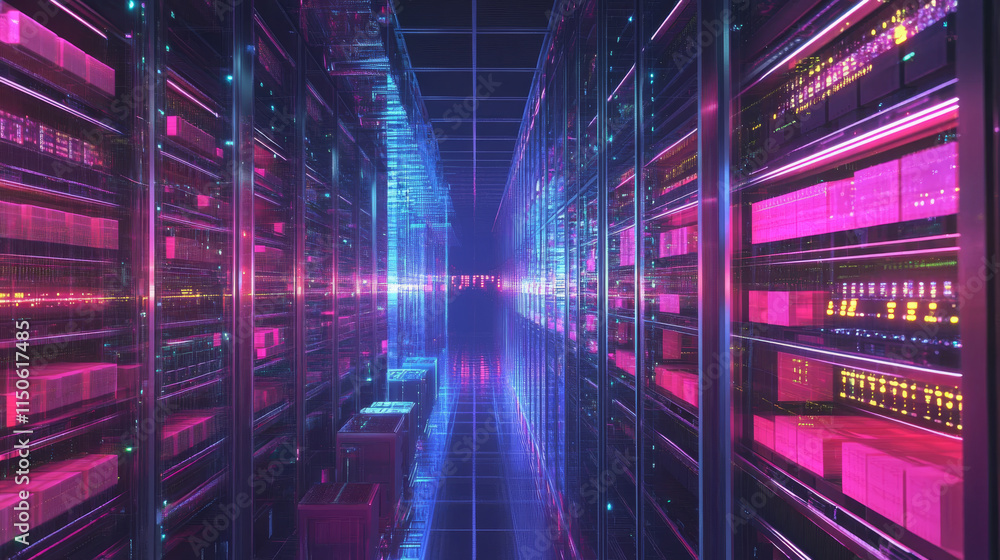 Data center, digital information storage room with server hardware on racks and hologram of processor in red light. Concept of bigdata technology, vector cartoon illustration