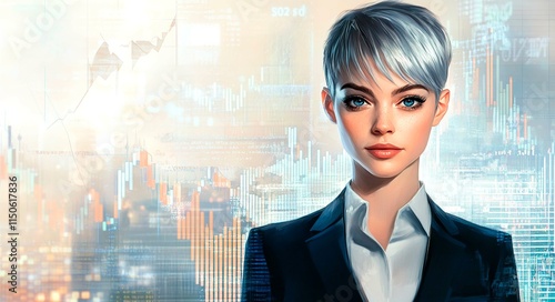 cartoon portrait of a blonde woman, in a business suit and blue eyes. A 3D character stands on a light abstract background with charts and graphs of the stock or cryptocurrency market.