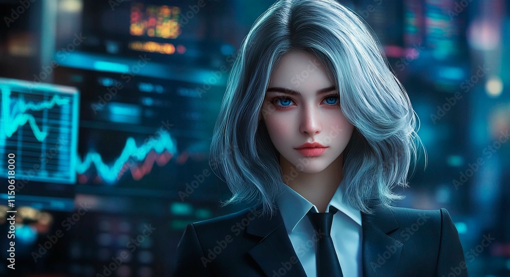 Portrait of a beautiful blonde woman in a business suit and blue eyes. The character stands on an abstract background with charts and graphs of the stock or cryptocurrency market. Portrait of a beautiful blonde woman in a business suit and blue eyes. The character stands on an abstract background with charts and graphs of the stock or cryptocurrency market.