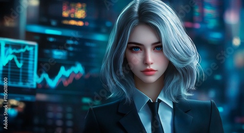 Portrait of a beautiful blonde woman in a business suit and blue eyes. The character stands on an abstract background with charts and graphs of the stock or cryptocurrency market.