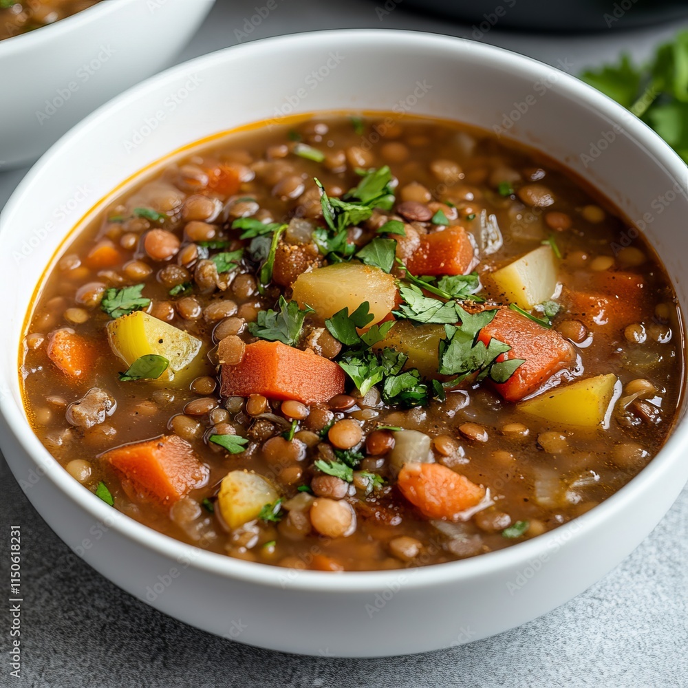 A hearty and flavorful lentil soup with vegetables and a touch of cumin, served in a white bowl, Lentil soup centered A hearty and flavorful lentil soup with vegetables and a touch of cumin, served in a white bowl, Lentil soup centered