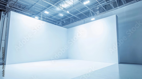 Fototapeta Naklejka Na Ścianę i Meble -  3d white booth stand room with wall for trade event mockup. Empty display corner with podium on floor mock up template. Blank presentation showroom interior set. Isolated exhibit advertising cube area