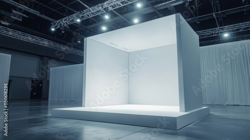 Fototapeta Naklejka Na Ścianę i Meble -  3d white booth stand room with wall for trade event mockup. Empty display corner with podium on floor mock up template. Blank presentation showroom interior set. Isolated exhibit advertising cube area