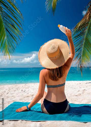 mujer en la playa colocandose protector solar en la piel photo