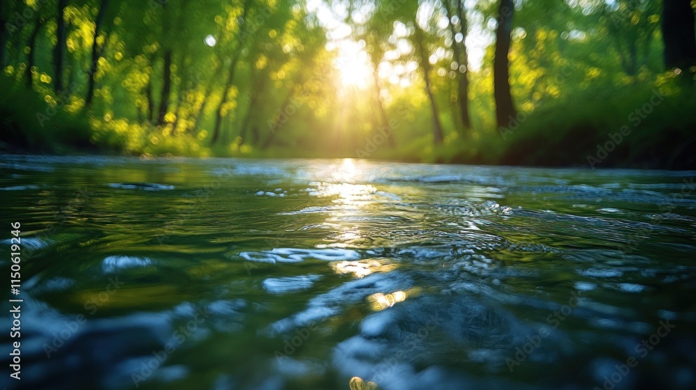 Fototapeta premium Sunlit river flowing through lush green forest.