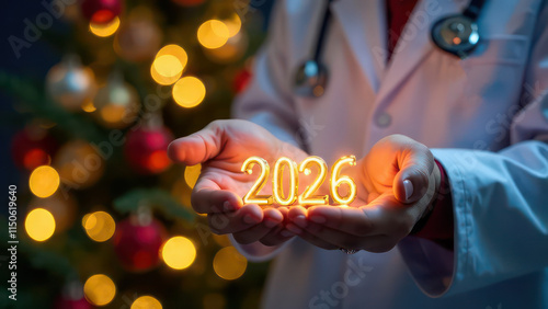 Merry Christmas from doctor, best wishes concept, hands with 