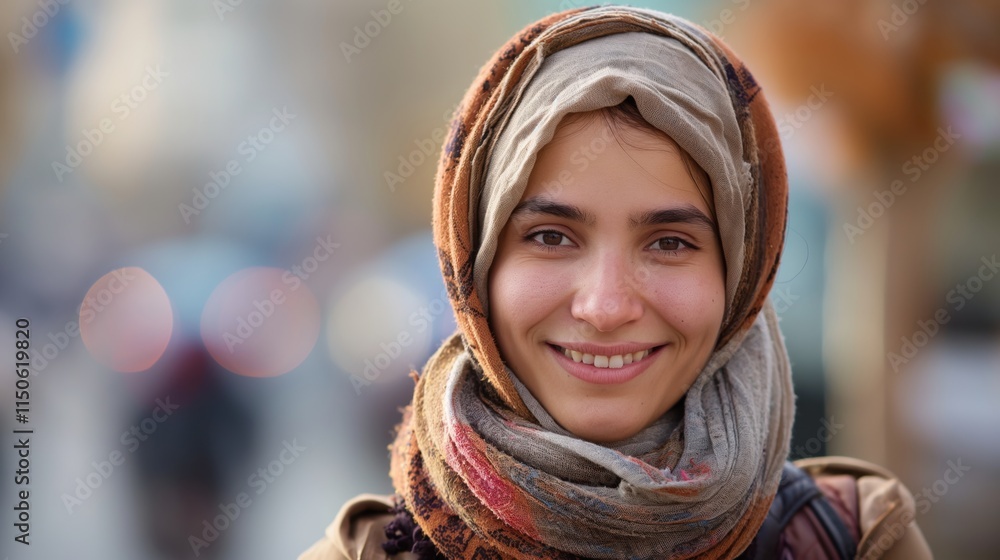 A joyful Middle Eastern woman enjoys winter's charm, smiling brightly in a vibrant urban scene with soft lighting A joyful Middle Eastern woman enjoys winter's charm, smiling brightly in a vibrant urban scene with soft lighting