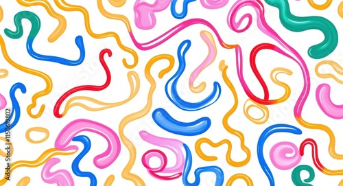 Colorful squiggly lines, abstract pattern, vibrant colors, playful shapes, wavy curves, dynamic composition, minimalist design, graphic art, seamless background, cheerful aesthetic, primary colors, fl