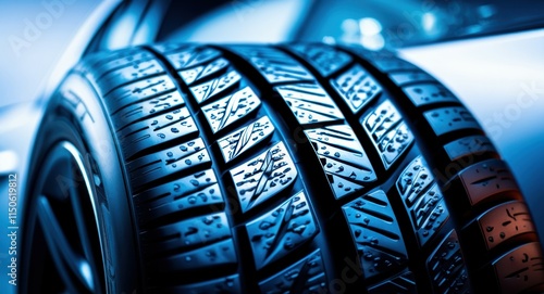 Car tire tread, detailed rubber pattern, blue lighting, macro photography, automotive texture, geometric shapes, zigzag grooves, high contrast, reflective surface, technical design, futuristic aesthet photo