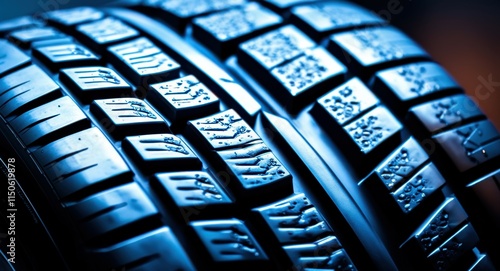 Car tire tread, detailed rubber pattern, blue lighting, macro photography, automotive texture, geometric shapes, zigzag grooves, high contrast, reflective surface, technical design, futuristic aesthet photo