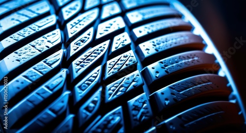 Car tire tread, detailed rubber pattern, blue lighting, macro photography, automotive texture, geometric shapes, zigzag grooves, high contrast, reflective surface, technical design, futuristic aesthet photo