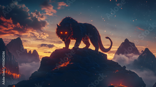 A stylized chimera with glowing eyes standing atop a rocky peak.