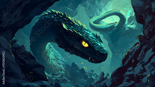 A stylized design of a basilisk slithering through a rocky cavern.