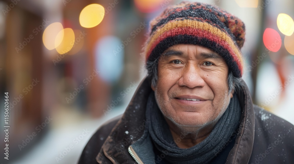 A joyful Hispanic man stands out in winter scenery, radiating warmth and authenticity in everyday life A joyful Hispanic man stands out in winter scenery, radiating warmth and authenticity in everyday life