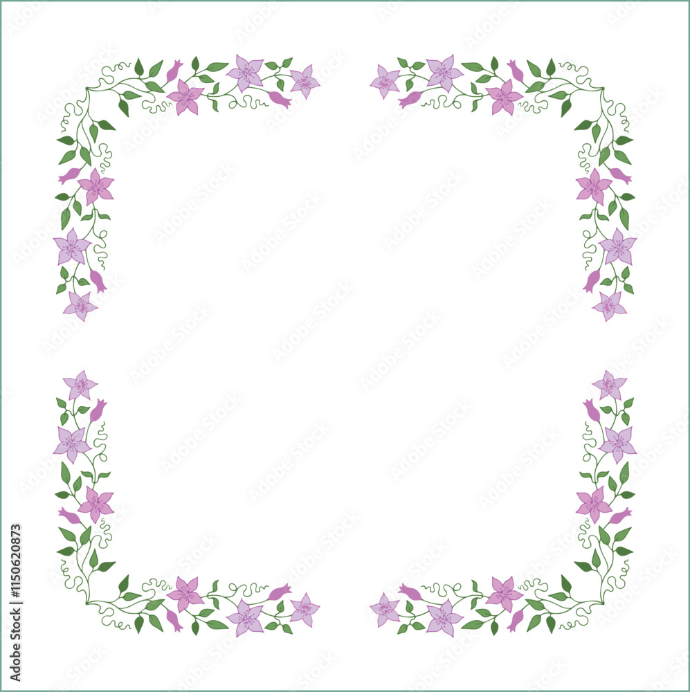 Elegant green vegetal ornamental frame with leaves and pink flowers, clematis; decorative border, corners for greeting cards. Isolated vector illustration
Elegant green vegetal ornamental frame with leaves and pink flowers, clematis; decorative border, corners for greeting cards. Isolated vector illustration