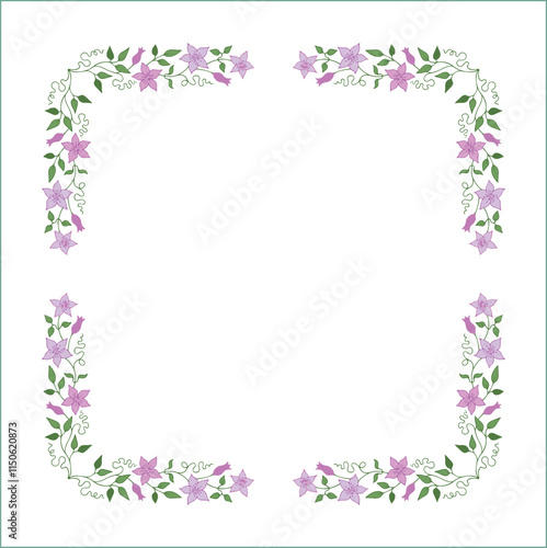 Elegant green vegetal ornamental frame with leaves and pink flowers, clematis; decorative border, corners for greeting cards. Isolated vector illustration	
