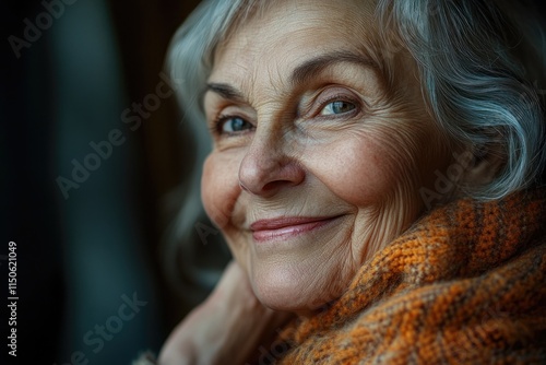 Smiling elderly woman with gray hair wearing an orange scarf in soft indoor lighting. Generative AI