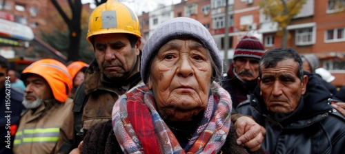 Coordinated rescue efforts  calm workers guide individuals to safety with reassuring expressions