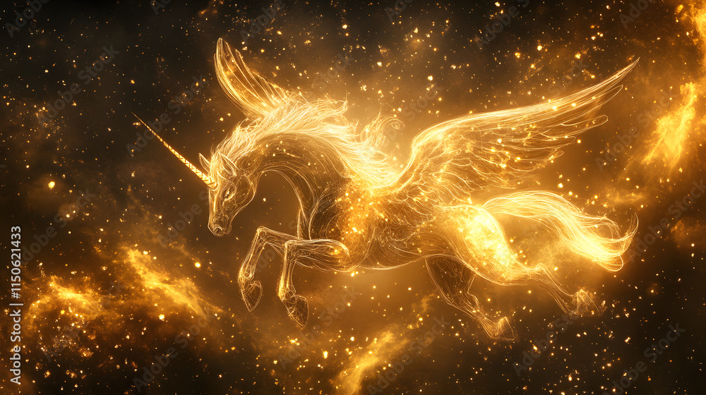 A stylized design of a pegasus flying among golden clouds. A stylized design of a pegasus flying among golden clouds.