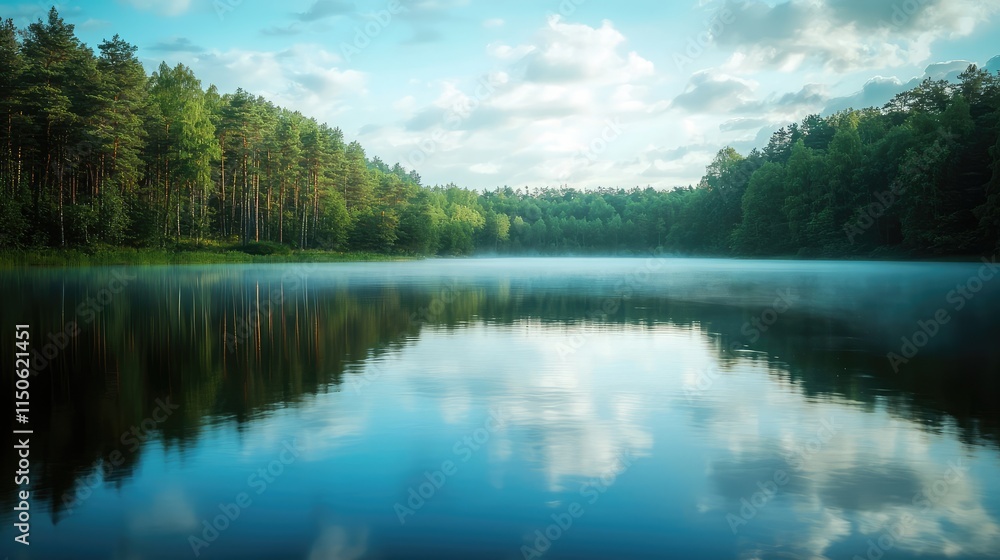 Serene lake reflecting trees and clouds under a blue sky Serene lake reflecting trees and clouds under a blue sky