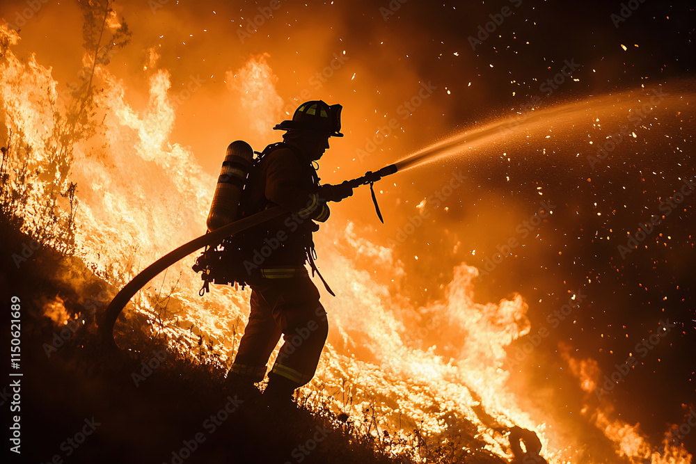 Obraz premium A firefighter silhouetted against a wall of flames, holding a hose and spraying water, with embers floating in the air, lifelike and heroic