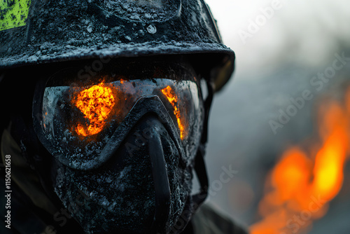 A close-up of a firefighter’s helmet covered in ash and soot, with reflective visors showing the flames they are facing, lifelike and symbolic photo