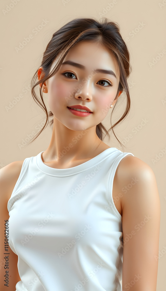 Close up photo of cue pretty teen youth feel glad choice decision advise look attention news salon beauty smoothing straightening procedures wear white top singlet isolated beige pastel background, Close up photo of cue pretty teen youth feel glad choice decision advise look attention news salon beauty smoothing straightening procedures wear white top singlet isolated beige pastel background,