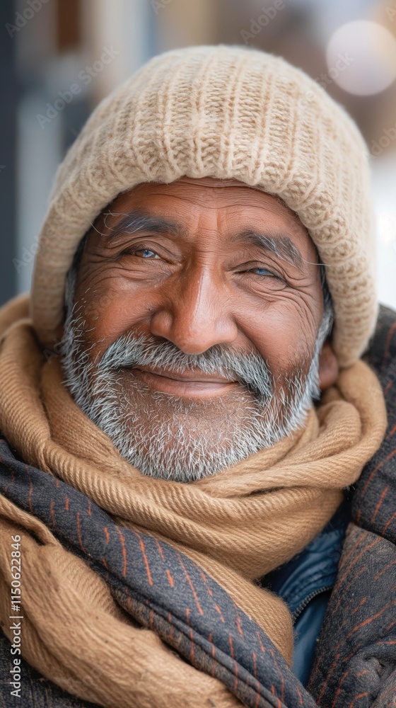 A joyful South Asian man enjoys winter, wearing a cozy hat and scarf, radiating happiness with a warm smile A joyful South Asian man enjoys winter, wearing a cozy hat and scarf, radiating happiness with a warm smile