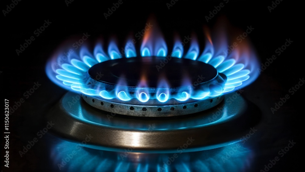 A close-up view of a gas stove burner with bright blue flames A close-up view of a gas stove burner with bright blue flames