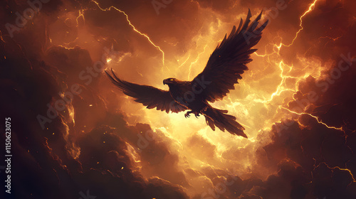 A stylized thunderbird soaring through a sky of glowing storm clouds.