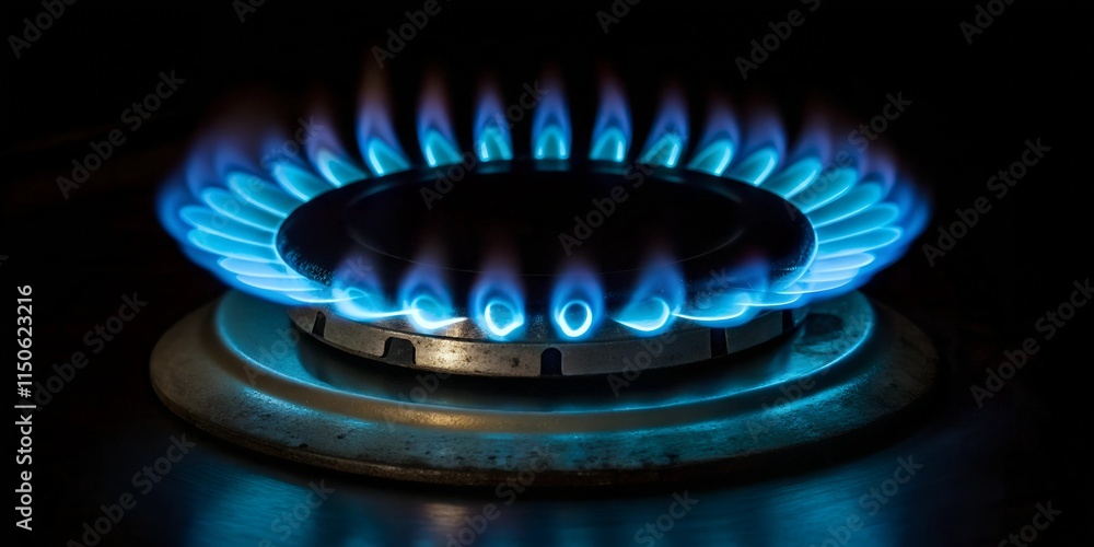 A close-up view of a gas stove burner with bright blue flames A close-up view of a gas stove burner with bright blue flames