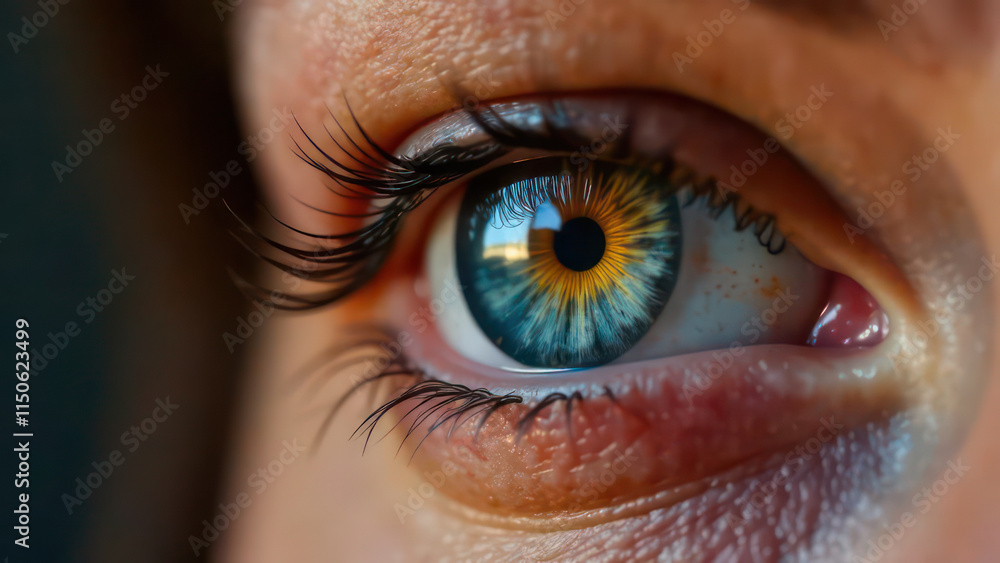 Fototapeta premium Close up cropped view of eye of woman with rainbow pupil, happiness