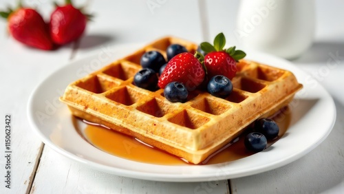 Waffles with syrup and berries lie on white plate white wooden table