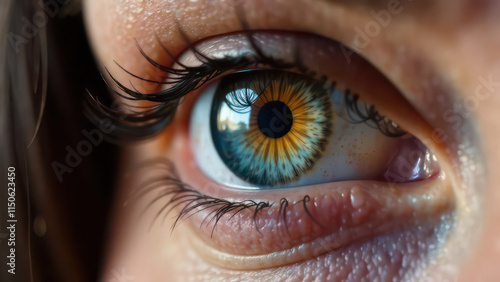 Close up cropped view of eye of woman with rainbow pupil, happiness