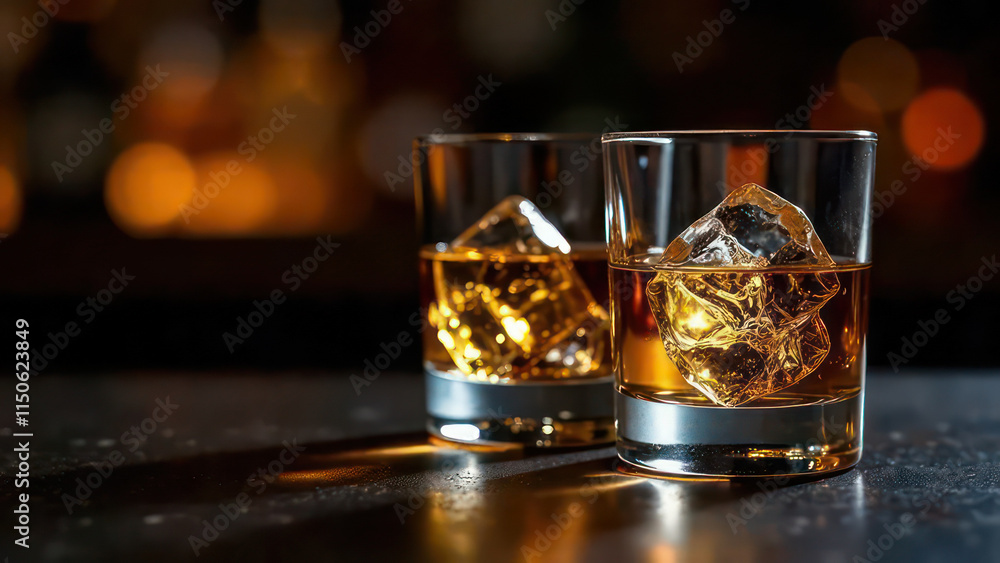 2 glass of whiskey with ice on bar counter, moody dark background 2 glass of whiskey with ice on bar counter, moody dark background