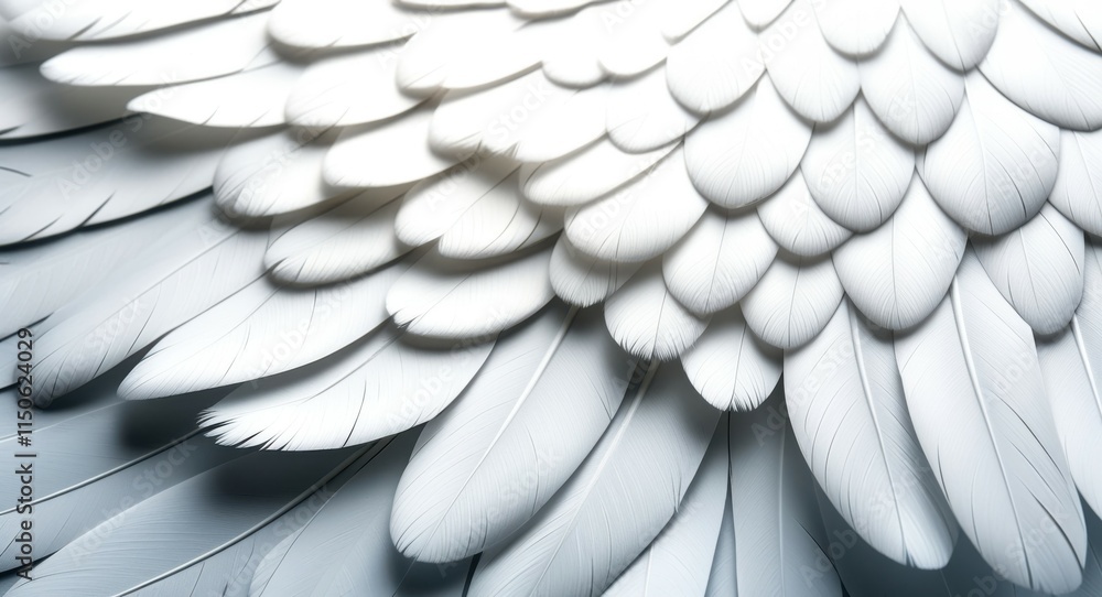Fototapeta premium white feathers, angel wings, intricate detail, close-up, soft texture, overlapping layers, ethereal, pure, heavenly, graceful, 3D rendering, high resolution, dramatic lighting, serene atmosphere, divi