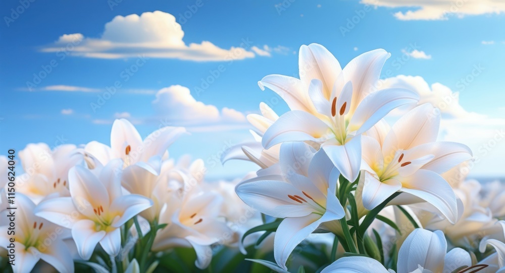 Fototapeta premium White lilies in bloom, field of flowers, bright sunny day, blue sky with fluffy clouds, mountain backdrop, vibrant nature scene, close-up floral photography, high contrast, vivid colors, summer landsc