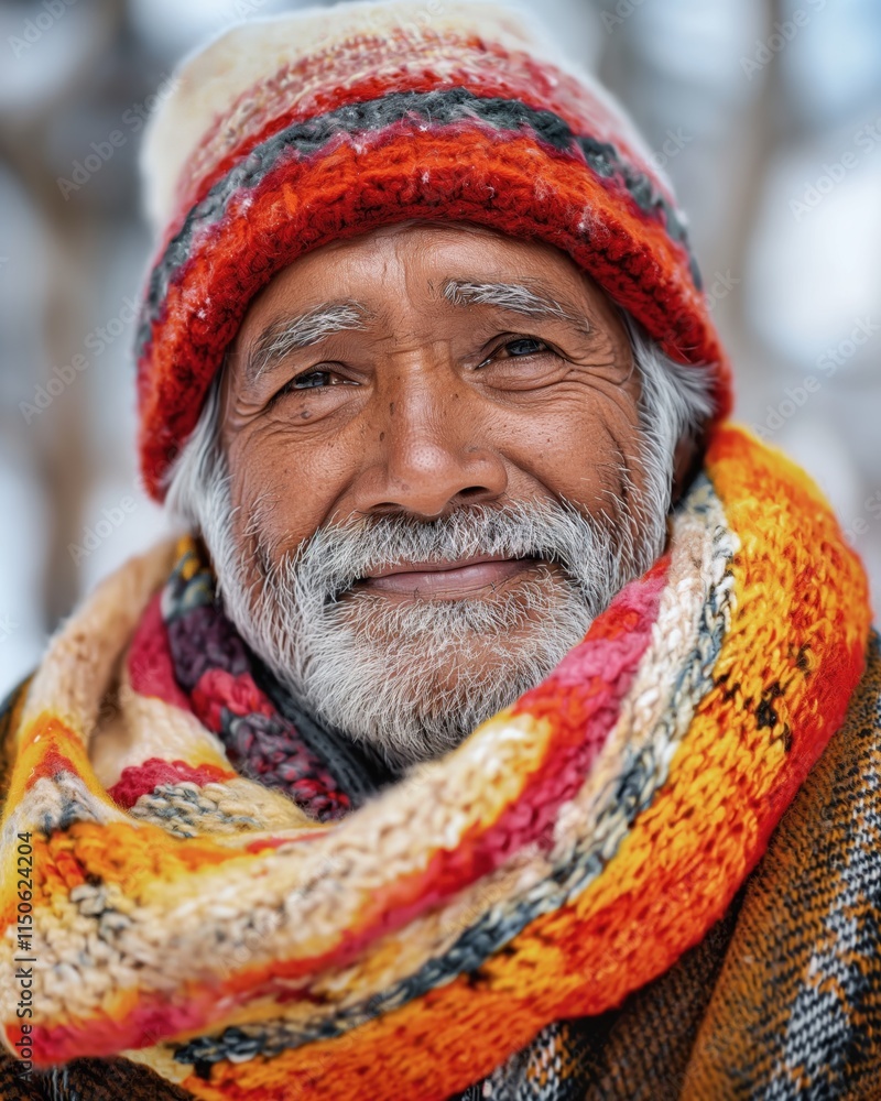 A joyful South Asian man smiles warmly, wrapped in colorful winter clothing under soft, natural light A joyful South Asian man smiles warmly, wrapped in colorful winter clothing under soft, natural light