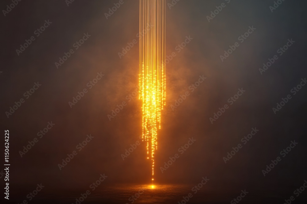 Obraz premium Sparkling golden rays cascade down through a dark misty atmosphere creating a stunning visual effect at night. Generative AI