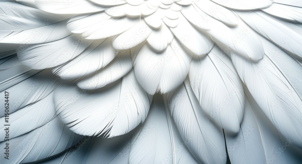 Fototapeta premium white feathers, angel wings, intricate detail, close-up, soft texture, overlapping layers, ethereal, pure, heavenly, graceful, 3D rendering, high resolution, dramatic lighting, serene atmosphere, divi