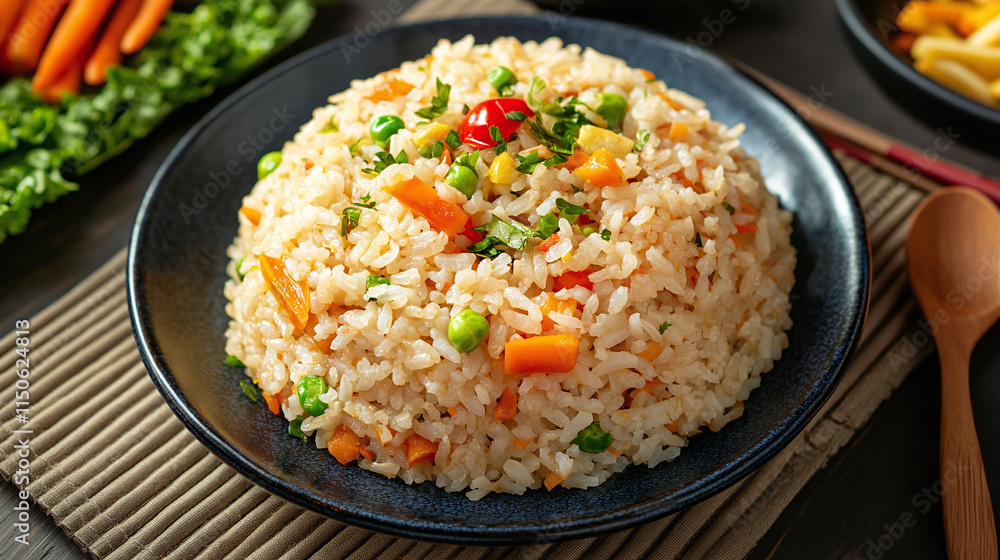 Enjoy a delicious vegetarian meal featuring rice and fresh vegetables, in a plate from a top view, perfect for a healthy dinner or lunch dish. Enjoy a delicious vegetarian meal featuring rice and fresh vegetables, in a plate from a top view, perfect for a healthy dinner or lunch dish.