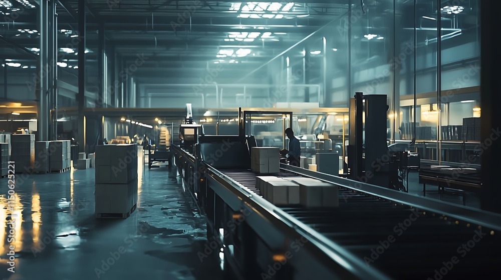 Fototapeta premium A warehouse with a conveyor belt and boxes on it