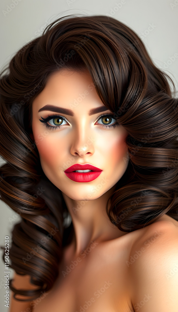 Fototapeta premium Beautiful brunette model with volume curls, classic makeup and sexy lips. The beauty of the face. Portrait shot in the studio, papercraft, with white tones