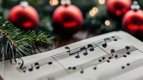 A close-up shot of sheet music with Christmas decorations behind it, representing the festive holiday cheer and the happiness of Christmas gatherings. photo