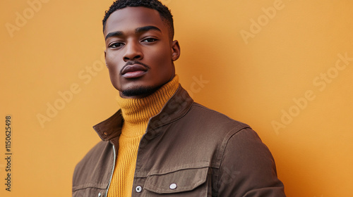 Portrait of a young, handsome man poses confidently in a stylish turtleneck and trendy jacket against a vibrant orange background, showcasing modern fashion and urban elegance for model.