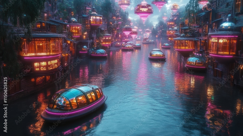 Obraz premium A vibrant futuristic cityscape with illuminated floating structures and boats on a serene waterway.