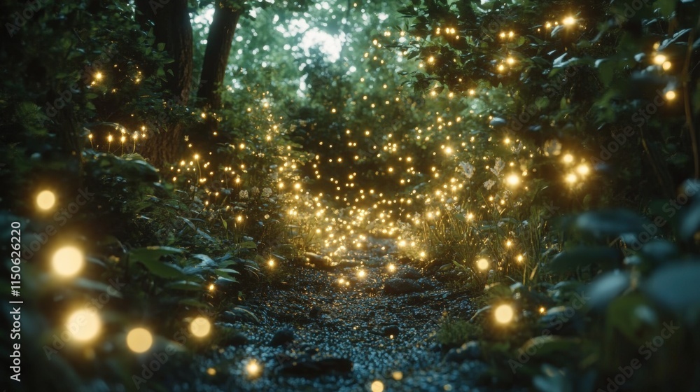 Naklejka premium Enchanted Forest Pathway with Glowing Lights