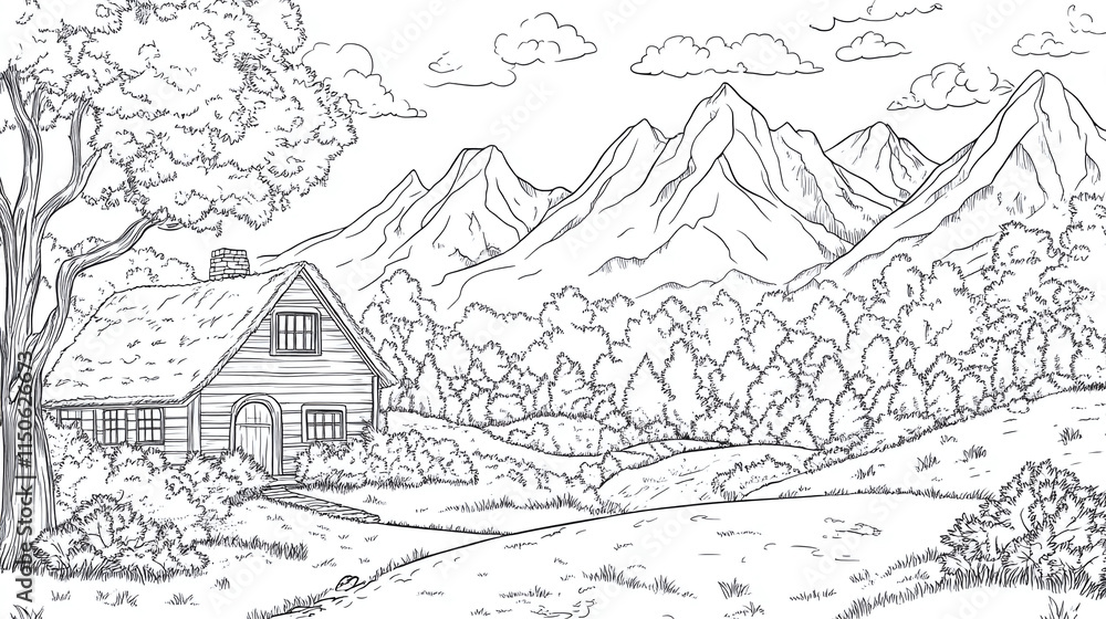 Fototapeta premium Village landscape with house in countryside coloring book page, mountain drawing and nature sketch, with line outline illustration and black tree graphic on white background.