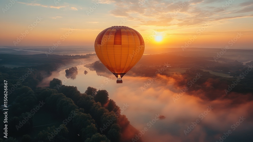 Obraz premium A vibrant hot air balloon floats above a misty river at sunrise, creating a serene landscape.